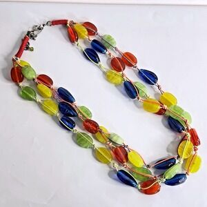 Triple Strand Glass Bead Necklace Artisan Boho Adjustable 20" - 23" Hand Knotted